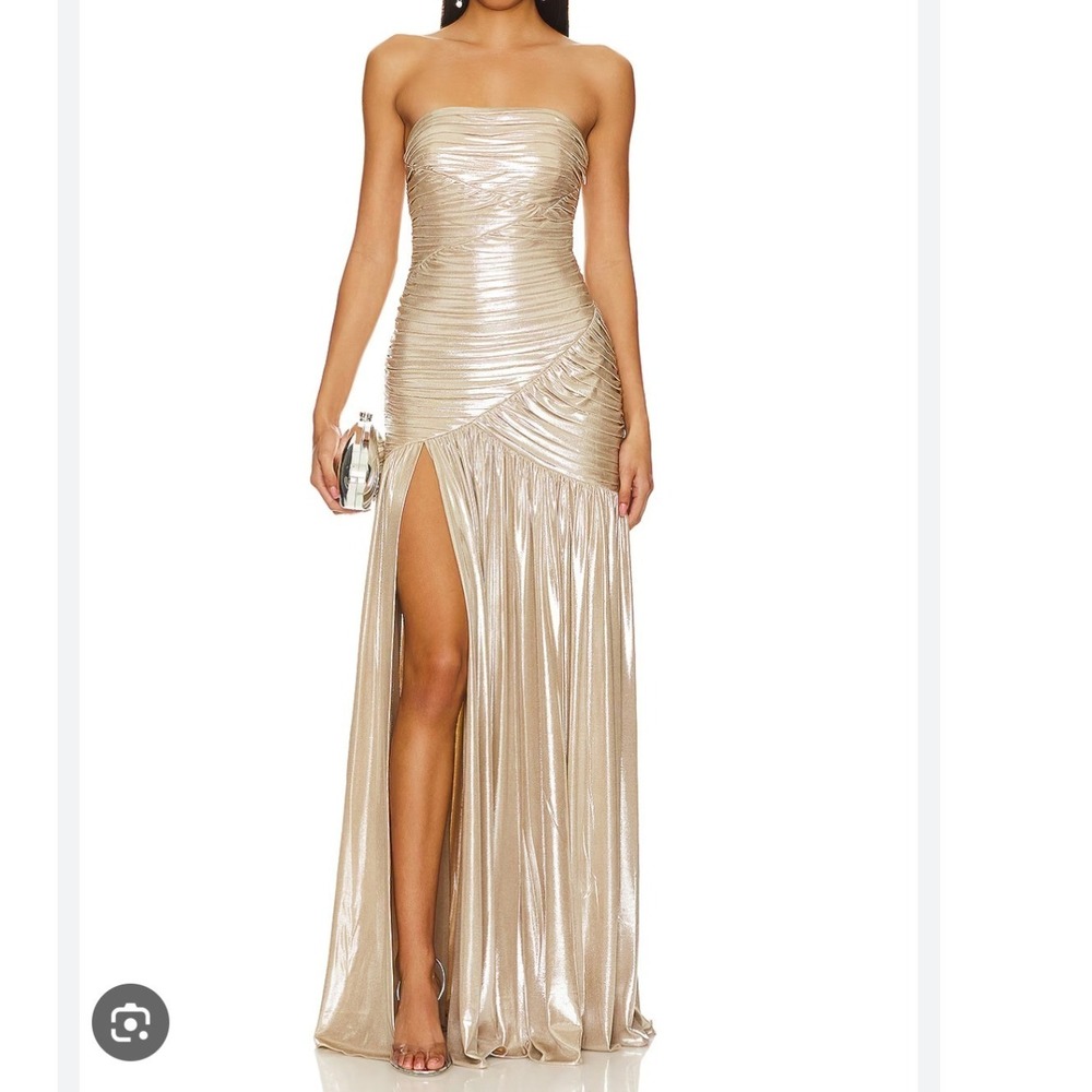Retrofete Josie Dress Champagne Gold Metallic Strapless Ruched Maxi NEW SMALL